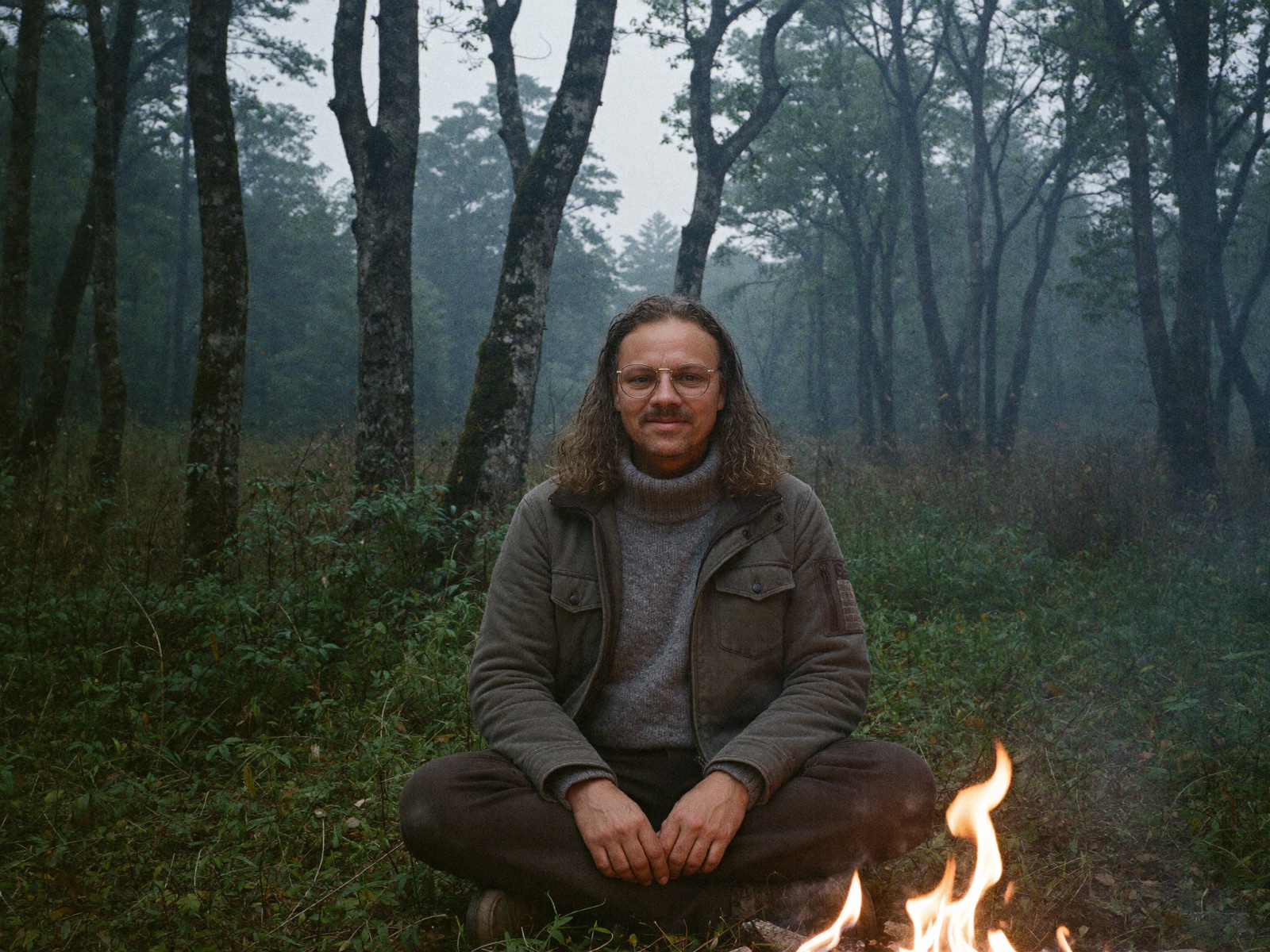 Johannes sitzt im Schneidersitz am Feuer in einem stillen, nebligen Wald