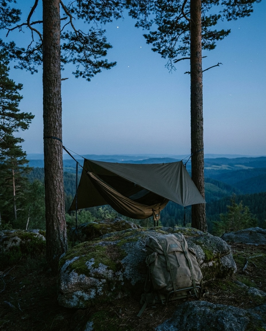 Hängematte und Tarp auf einem Bergrücken zur blauen Stunde mit Blick über bewaldete Täler