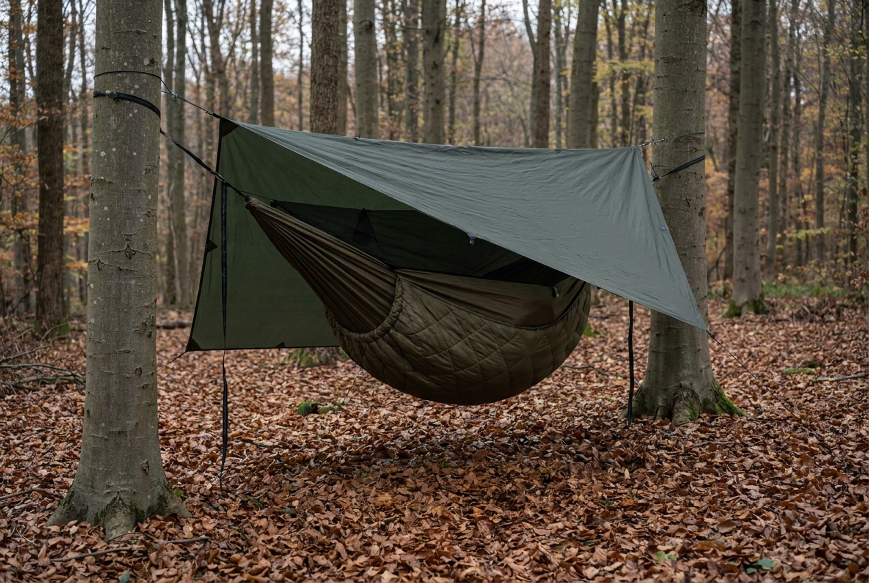Eine einfache Hängematte zwischen Bäumen im Morgennebel